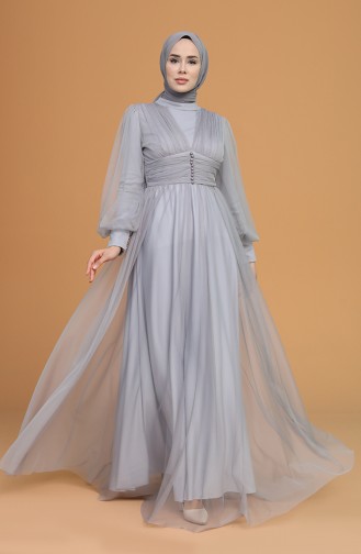 Gray Hijab Evening Dress 5478-08