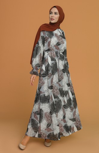 Yaprak Desenli Şifon Elbise 3107-01 Gri Siyah