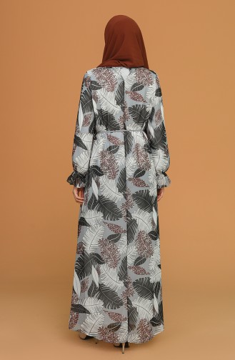 Yaprak Desenli Şifon Elbise 3107-01 Gri Siyah