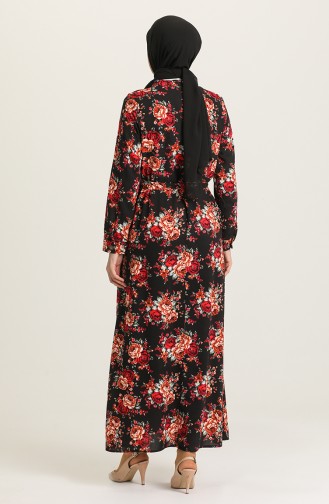 Çiçek Desenli Viskon Elbise 0007-01 Siyah Kırmızı