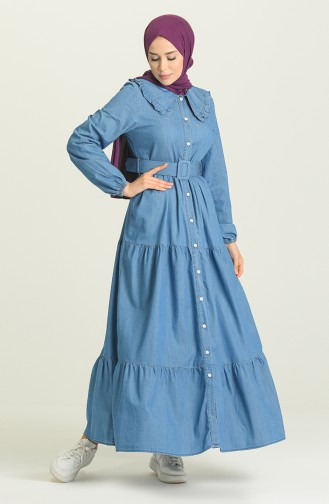 Jeansblau Hijab Kleider 7002-01