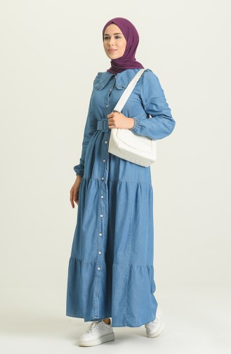 Fırfırlı Kemerli Kot Elbise 7002-01 Kot Mavi