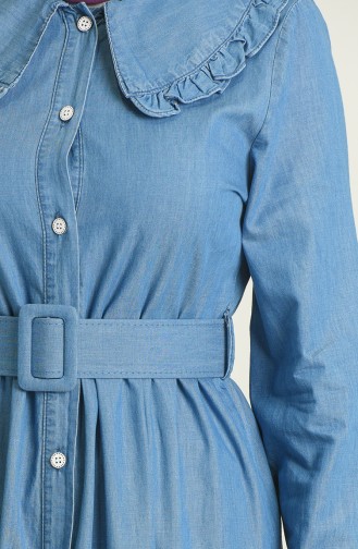 Fırfırlı Kemerli Kot Elbise 7002-01 Kot Mavi