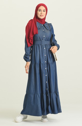 Fırfırlı Kemerli Kot Elbise 7002-02 Lacivert