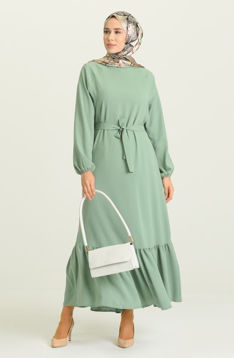 Büzgülü Kuşaklı Elbise 1009-02 Çağla Yeşili