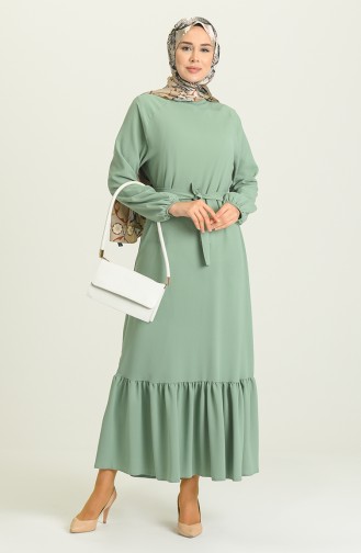 Büzgülü Kuşaklı Elbise 1009-02 Çağla Yeşili