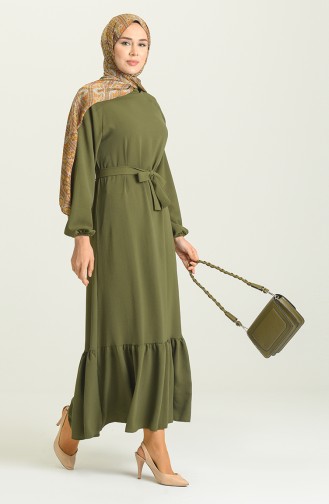 Büzgülü Kuşaklı Elbise 1009-09 Yeşil
