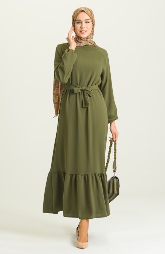 Büzgülü Kuşaklı Elbise 1009-09 Yeşil