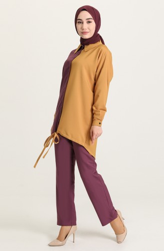 Buttoned Tunic Trousers Double Suit 15001-04 Damson Mustard 15001-04