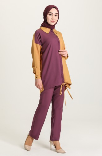 Buttoned Tunic Trousers Double Suit 15001-04 Damson Mustard 15001-04