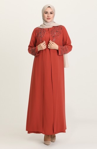 Brick Red Hijab Evening Dress 5501-04