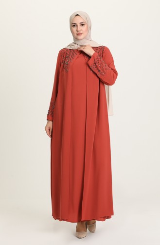 Brick Red Hijab Evening Dress 5501-04