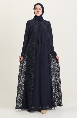 Navy Blue Hijab Evening Dress 3001-03