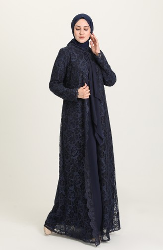 Navy Blue Hijab Evening Dress 3001-03
