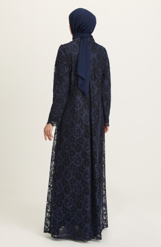 Navy Blue Hijab Evening Dress 3001-03