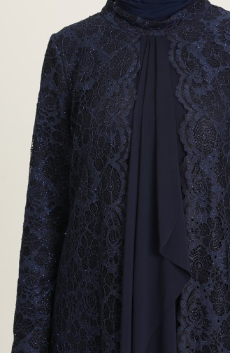 Navy Blue Hijab Evening Dress 3001-03