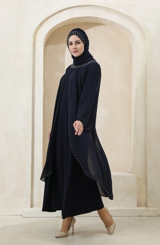 Navy Blue Hijab Evening Dress 3160-03