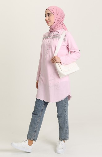 Saçaklı Nakışlı Tunik 3009-03 Pembe