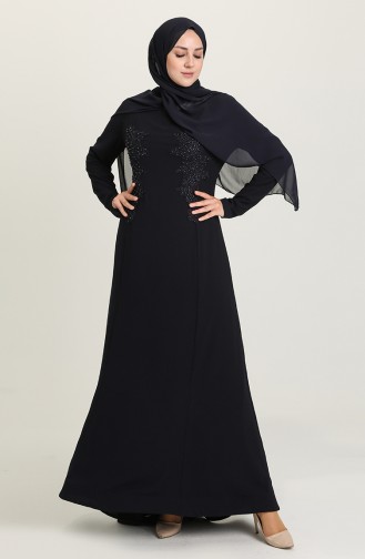 Navy Blue Hijab Evening Dress 6061-02
