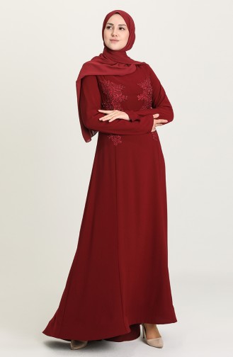 Claret Red Hijab Evening Dress 6061-03
