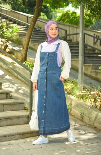 Düğmeli Kot Jile Elbise 1447-02 Lacivert