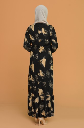 Kolu Lastikli Desenli Elbise 5641A-03 Siyah