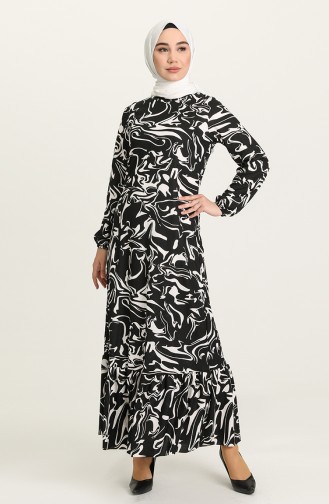 Kolu Lastikli Desenli Elbise 5641B-02 Siyah Beyaz