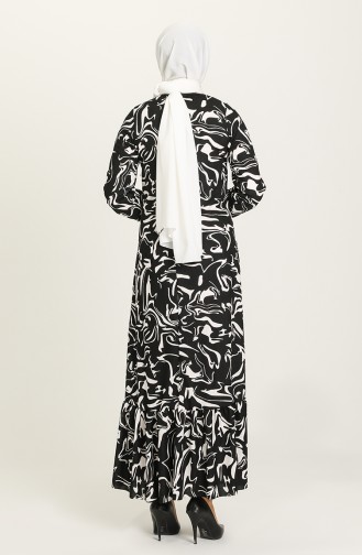 Kolu Lastikli Desenli Elbise 5641B-02 Siyah Beyaz