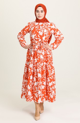 Desenli Büzgülü Elbise 5400-03 Oranj