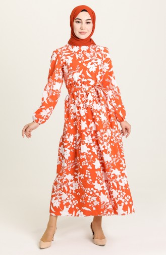 Desenli Büzgülü Elbise 5400-03 Oranj