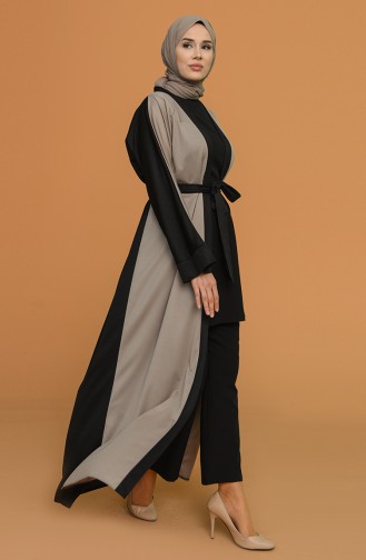 Kuşaklı Abaya 0199-01 Vizon Siyah