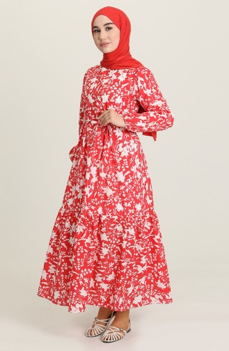 Çiçek Desenli Kuşaklı Elbise 4567-01 Kırmızı