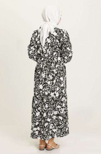 Çiçek Desenli Kuşaklı Elbise 4567-02 Siyah