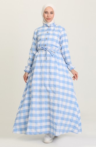 Düğmeli Kareli Elbise 5012-02 Mavi