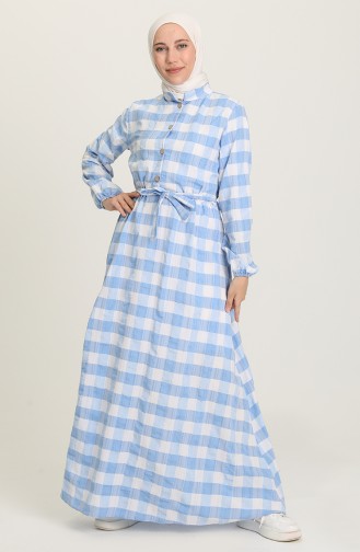 Düğmeli Kareli Elbise 5012-02 Mavi