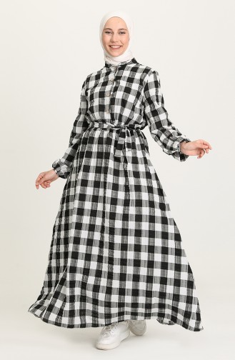 Düğmeli Kareli Elbise 5012-03 Siyah