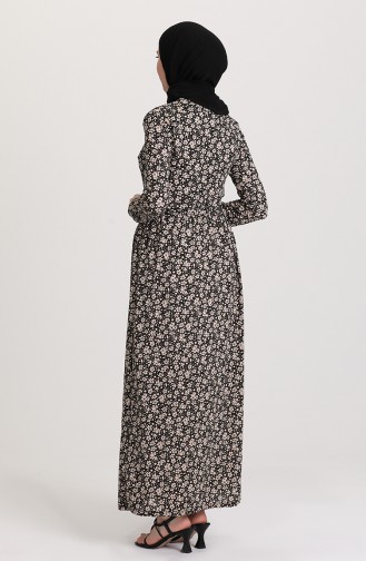 Desenli Kuşaklı Elbise 1030-03 Siyah Vizon