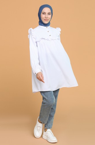Firfirli Düğmeli Tunik 1518-02 Beyaz