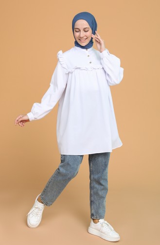Firfirli Düğmeli Tunik 1518-02 Beyaz