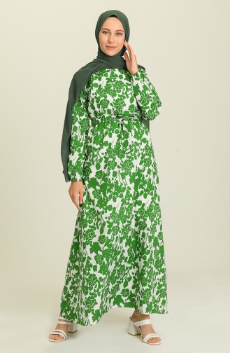 Desenli Kuşaklı Elbise 9077-02 Zümrüt Yeşili