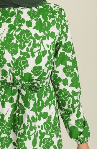 Desenli Kuşaklı Elbise 9077-02 Zümrüt Yeşili