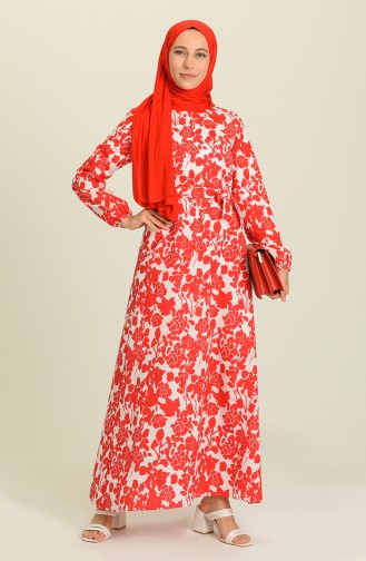 Desenli Kuşaklı Elbise 9077-05 Kırmızı