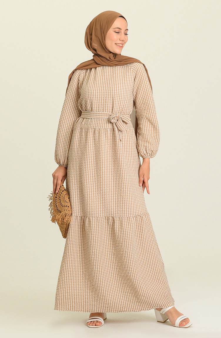 Beige - Crew neck - Unlined - Modest Dress in 2024