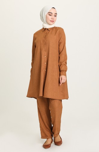 Düğme Detaylı Tunik Pantolon İkili Takım 1417-13 Camel