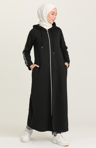 Abaya De Sport A Capuche Et Fermeture Éclair Devant 0008-03 Noir 0008-03