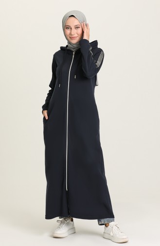 Abaya De Sport A Capuche Et Fermeture Éclair Devant 0008-04 Bleu Marine 0008-04