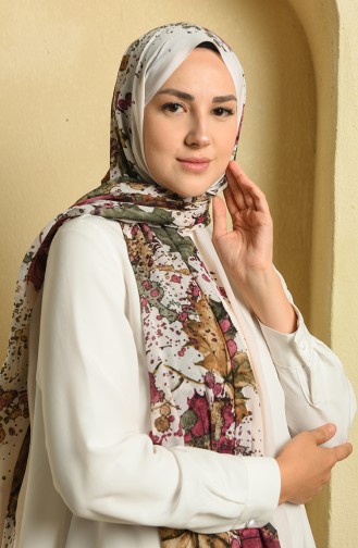 Çınar Yaprağı Desen Pamuk Şal 12305-14 Krem Mürdüm