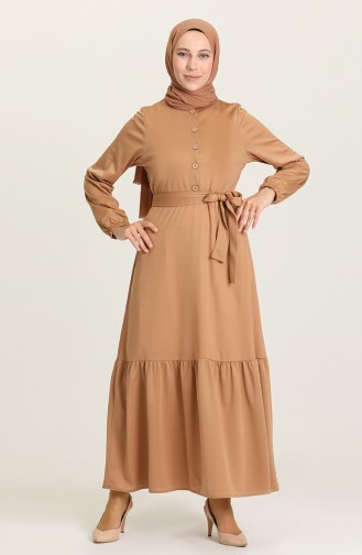 Düğmeli Büzgülü Elbise 1003-07 Camel