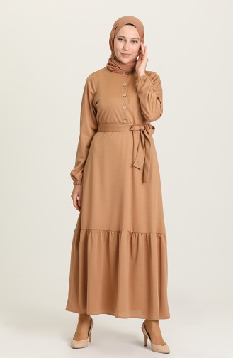 Düğmeli Büzgülü Elbise 1003-07 Camel
