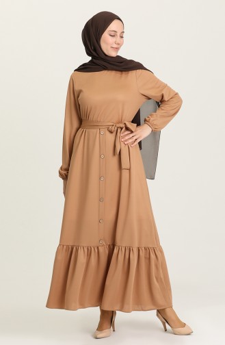 Düğme Detaylı Büzgülü Elbise 3001-07 Camel